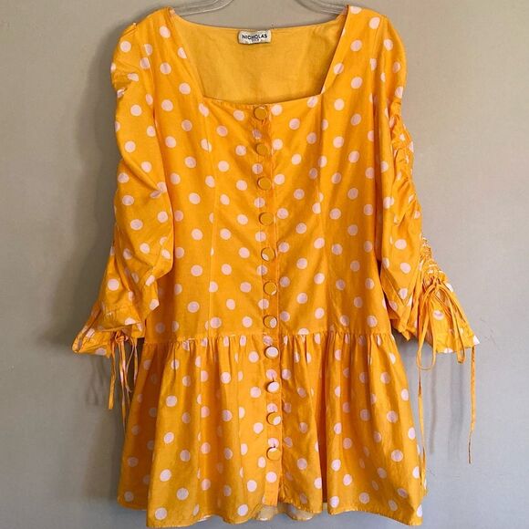 Revolve Nicholas Ruched Sleeve Button Front Dress Yellow Polka Dot No Belt 10 - Picture 7 of 16